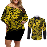 Hawaii Shark Couples Matching Off Shoulder Short Dress and Long Sleeve Button Shirts Polynesian Pattern Yellow Version - Wonder Print Shop