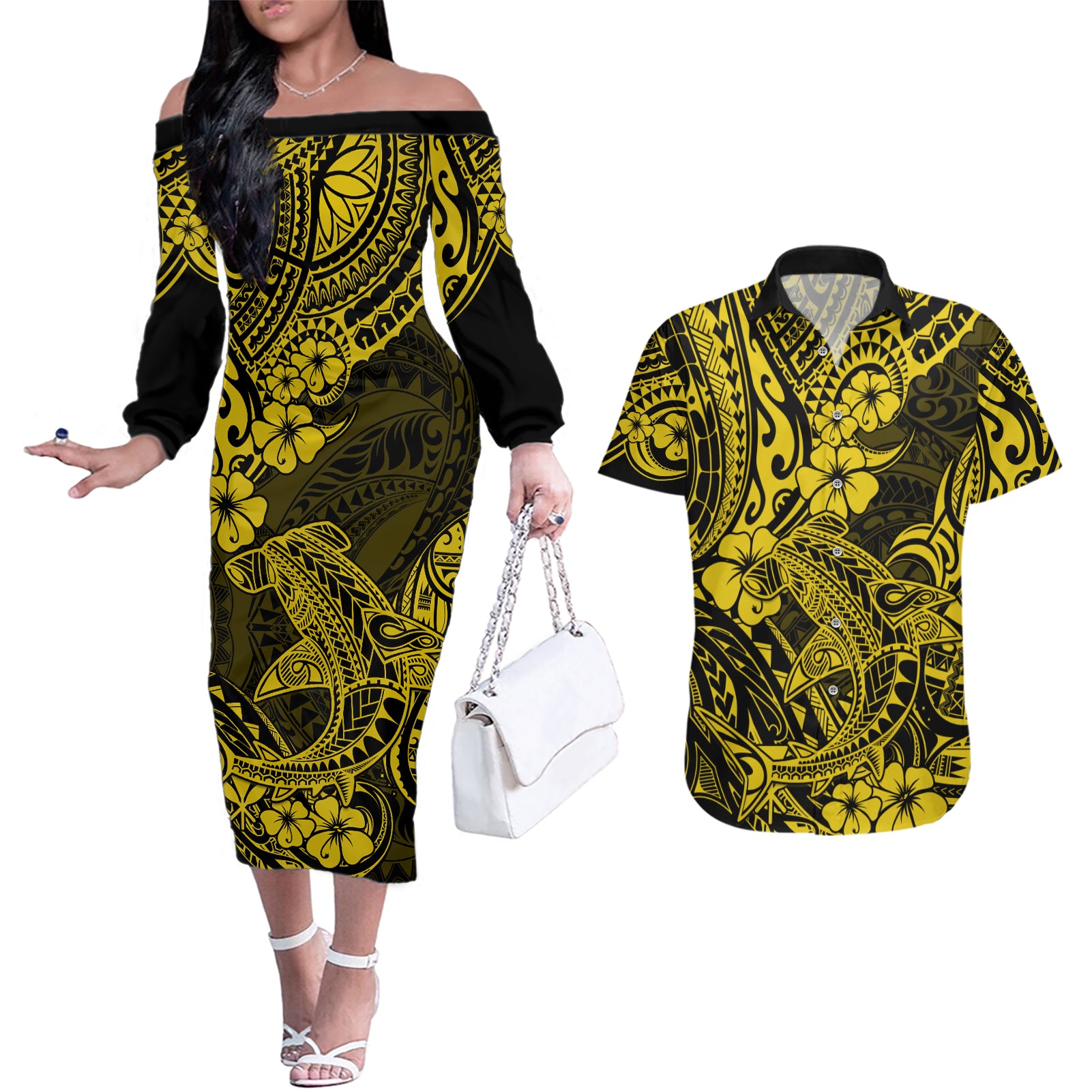 Hawaii Shark Couples Matching Off The Shoulder Long Sleeve Dress and Hawaiian Shirt Polynesian Pattern Yellow Version - Wonder Print Shop