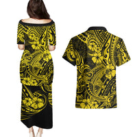 Hawaii Shark Couples Matching Puletasi Dress and Hawaiian Shirt Polynesian Pattern Yellow Version - Wonder Print Shop