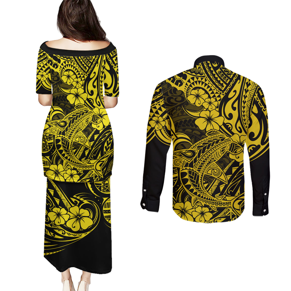 Hawaii Shark Couples Matching Puletasi Dress and Long Sleeve Button Shirts Polynesian Pattern Yellow Version - Wonder Print Shop
