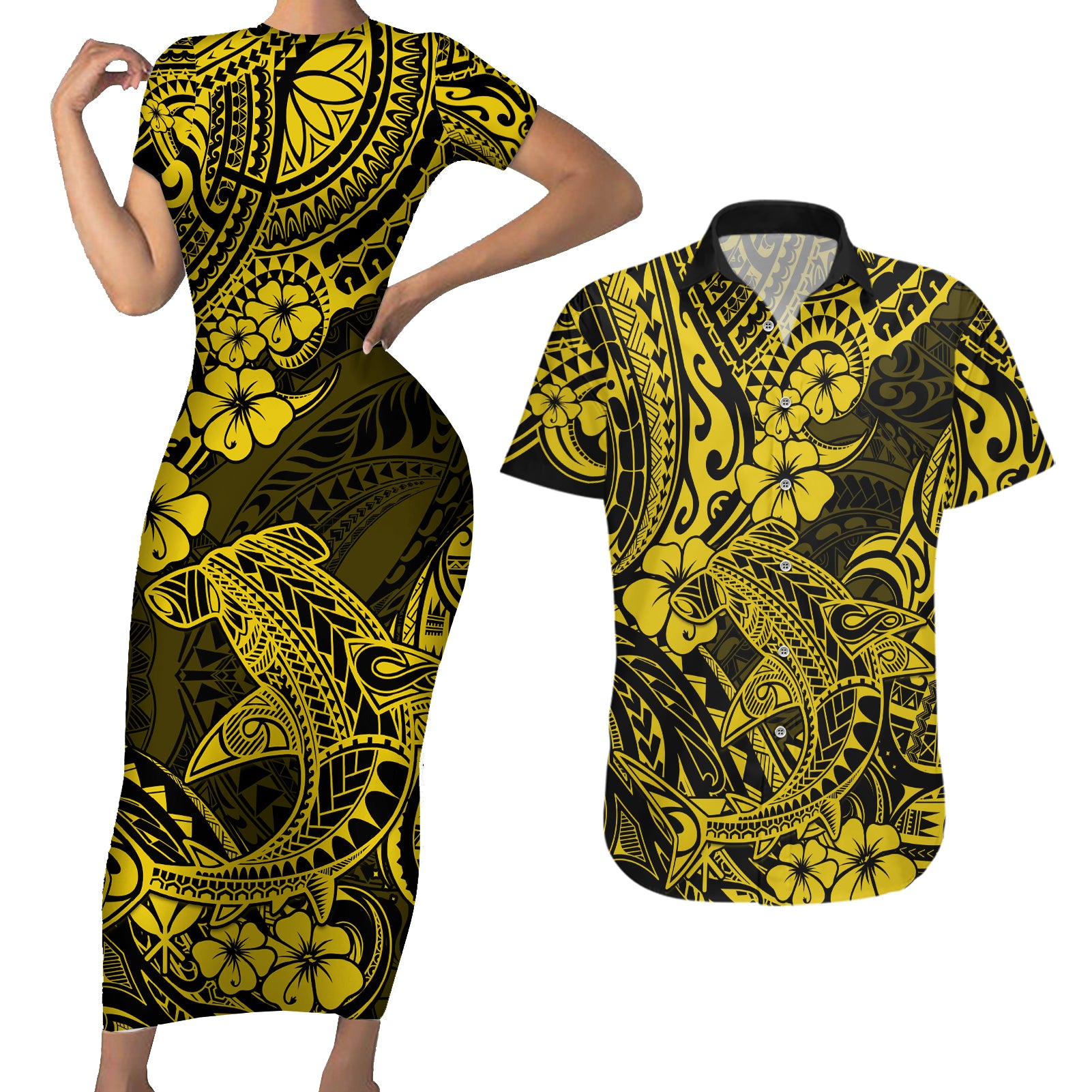 Hawaii Shark Couples Matching Short Sleeve Bodycon Dress and Hawaiian Shirt Polynesian Pattern Yellow Version - Wonder Print Shop