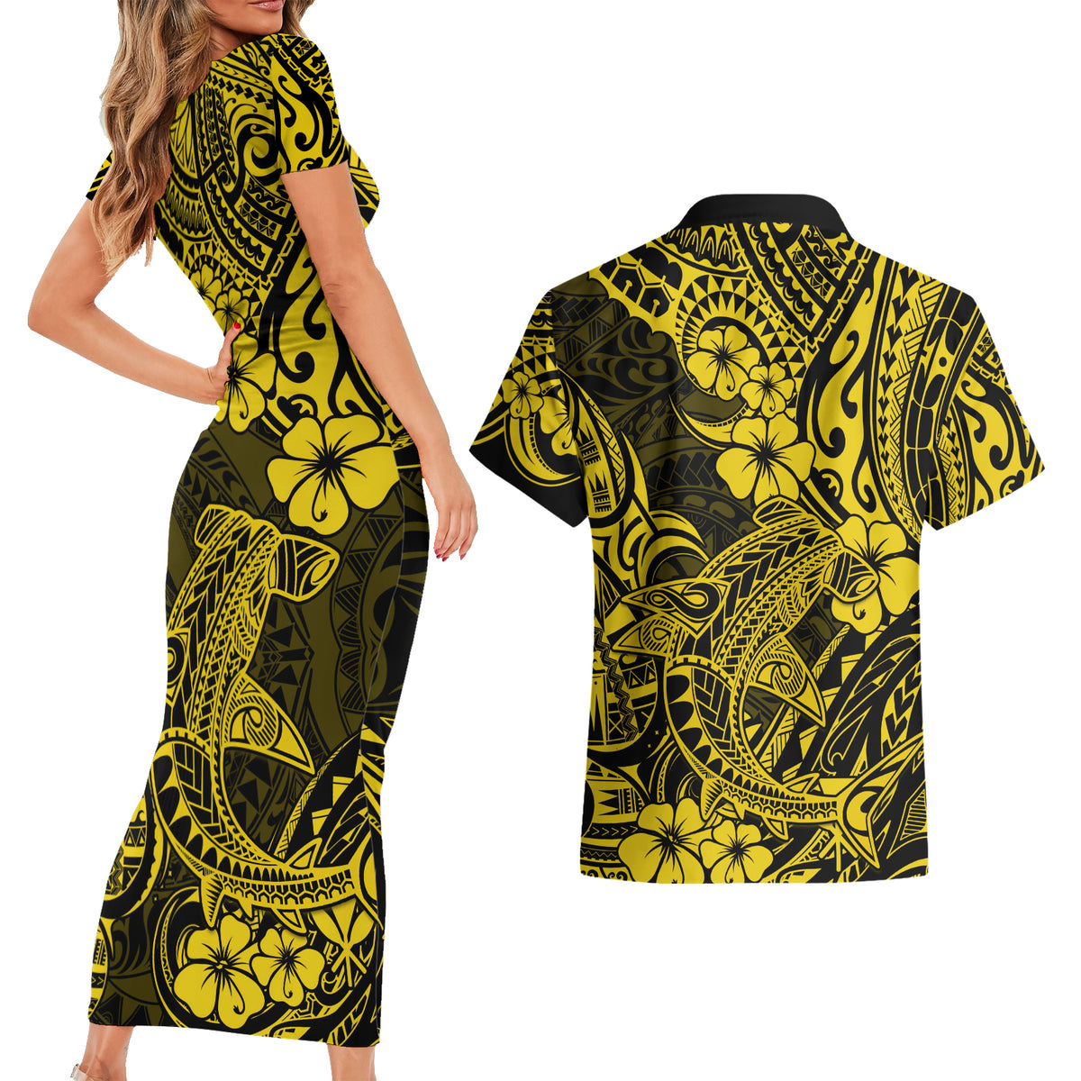 Hawaii Shark Couples Matching Short Sleeve Bodycon Dress and Hawaiian Shirt Polynesian Pattern Yellow Version - Wonder Print Shop