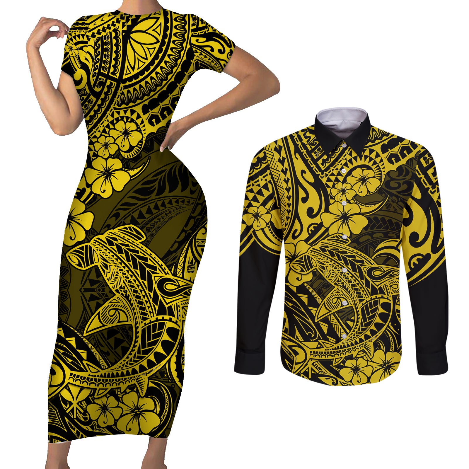 Hawaii Shark Couples Matching Short Sleeve Bodycon Dress and Long Sleeve Button Shirts Polynesian Pattern Yellow Version - Wonder Print Shop
