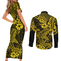 Hawaii Shark Couples Matching Short Sleeve Bodycon Dress and Long Sleeve Button Shirts Polynesian Pattern Yellow Version - Wonder Print Shop