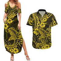 Hawaii Shark Couples Matching Summer Maxi Dress and Hawaiian Shirt Polynesian Pattern Yellow Version - Wonder Print Shop
