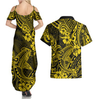 Hawaii Shark Couples Matching Summer Maxi Dress and Hawaiian Shirt Polynesian Pattern Yellow Version - Wonder Print Shop