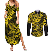 Hawaii Shark Couples Matching Summer Maxi Dress and Long Sleeve Button Shirts Polynesian Pattern Yellow Version - Wonder Print Shop