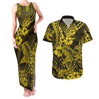 Hawaii Shark Couples Matching Tank Maxi Dress and Hawaiian Shirt Polynesian Pattern Yellow Version - Wonder Print Shop