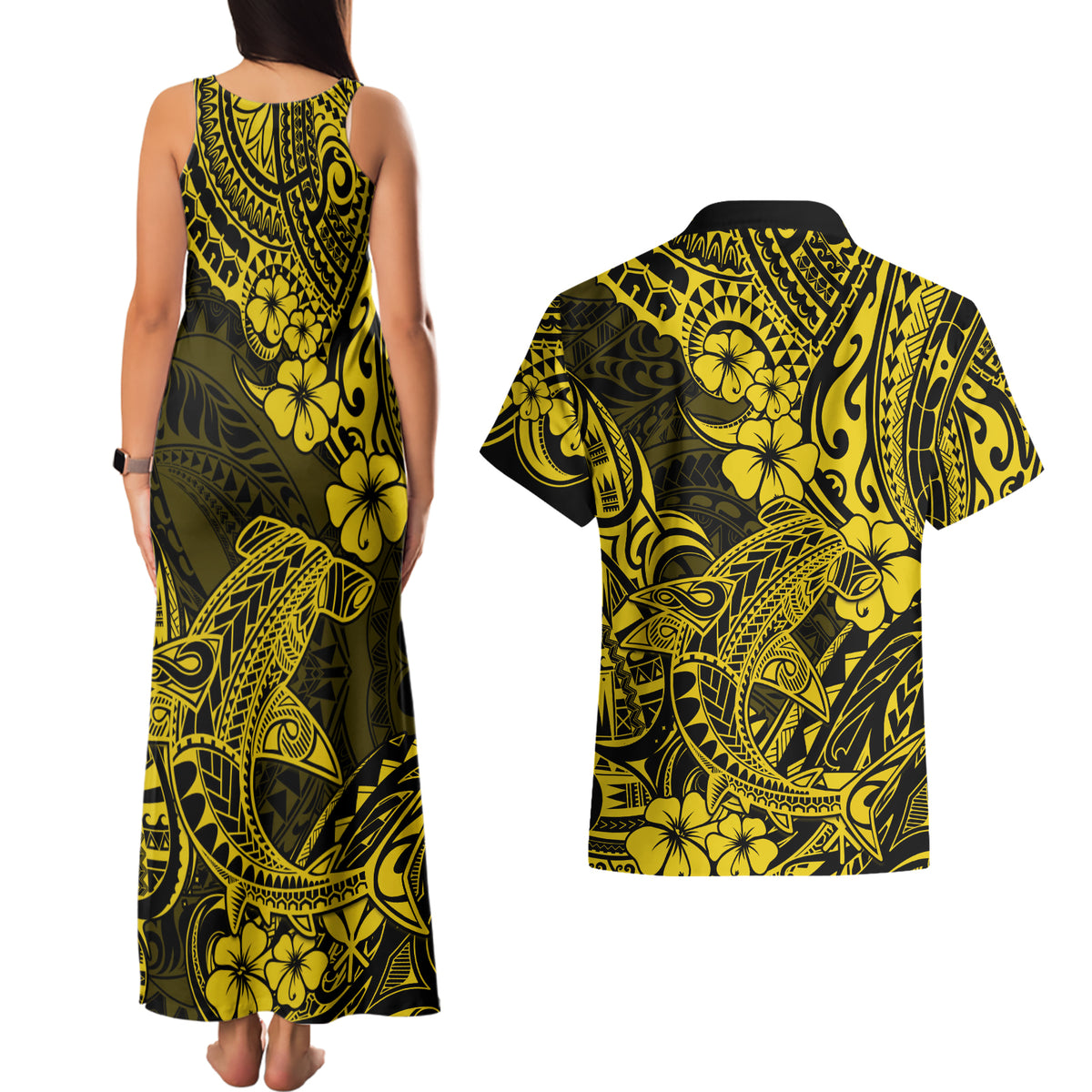 Hawaii Shark Couples Matching Tank Maxi Dress and Hawaiian Shirt Polynesian Pattern Yellow Version - Wonder Print Shop