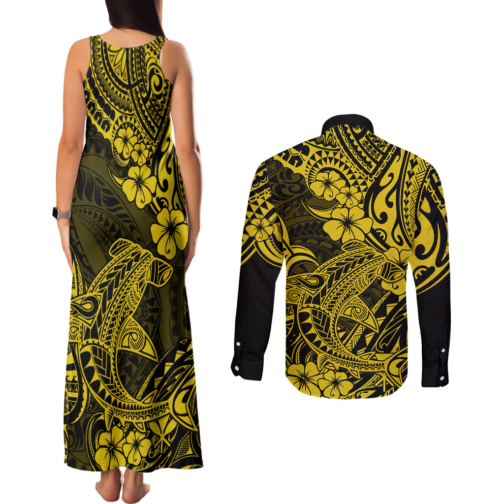 Hawaii Shark Couples Matching Tank Maxi Dress and Long Sleeve Button Shirts Polynesian Pattern Yellow Version - Wonder Print Shop