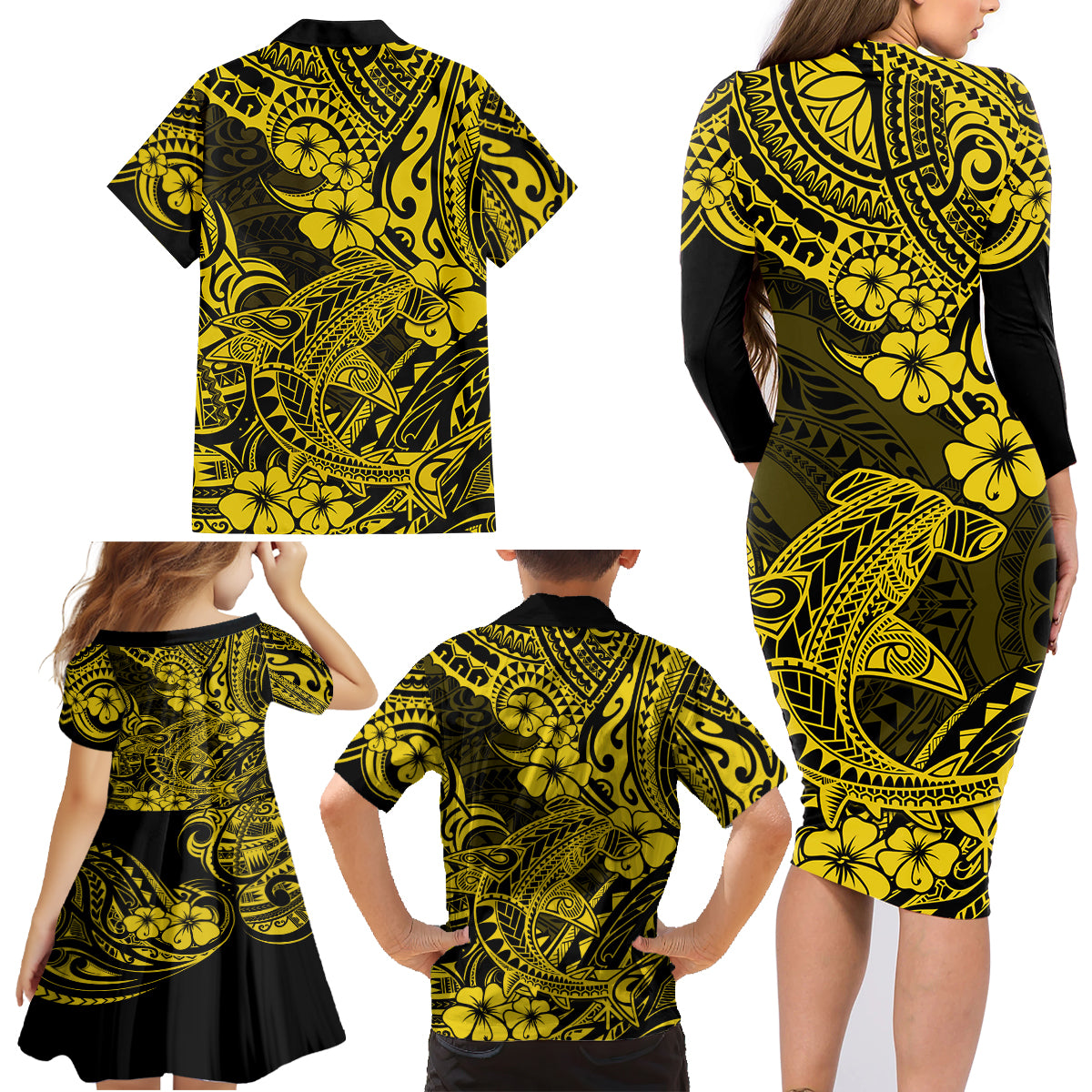 Hawaii Shark Family Matching Long Sleeve Bodycon Dress and Hawaiian Shirt Polynesian Pattern Yellow Version - Wonder Print Shop