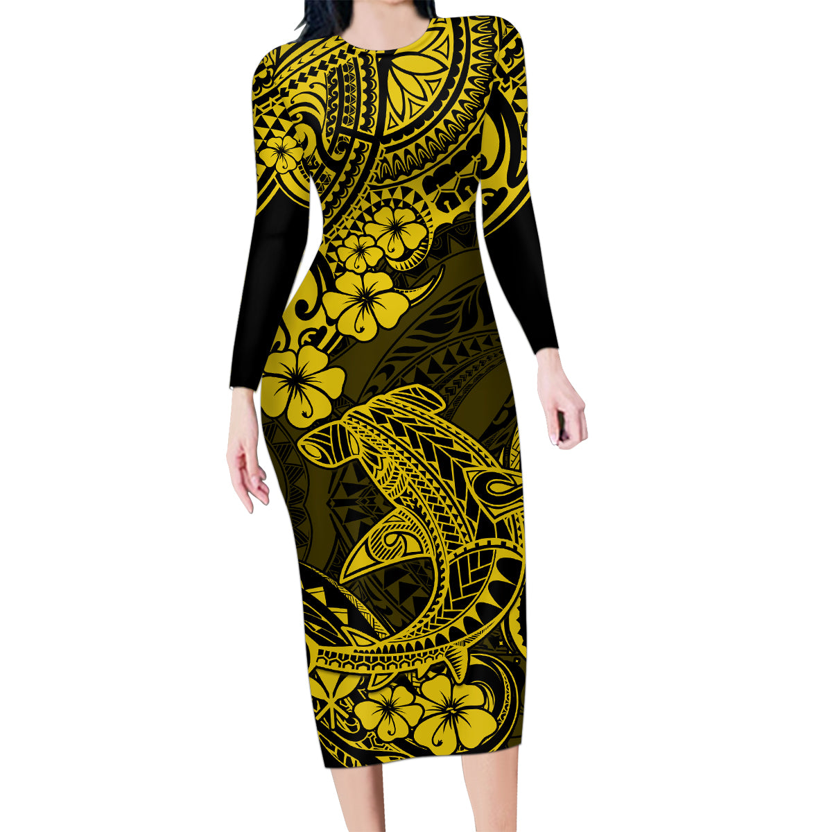 Hawaii Shark Family Matching Long Sleeve Bodycon Dress and Hawaiian Shirt Polynesian Pattern Yellow Version - Wonder Print Shop