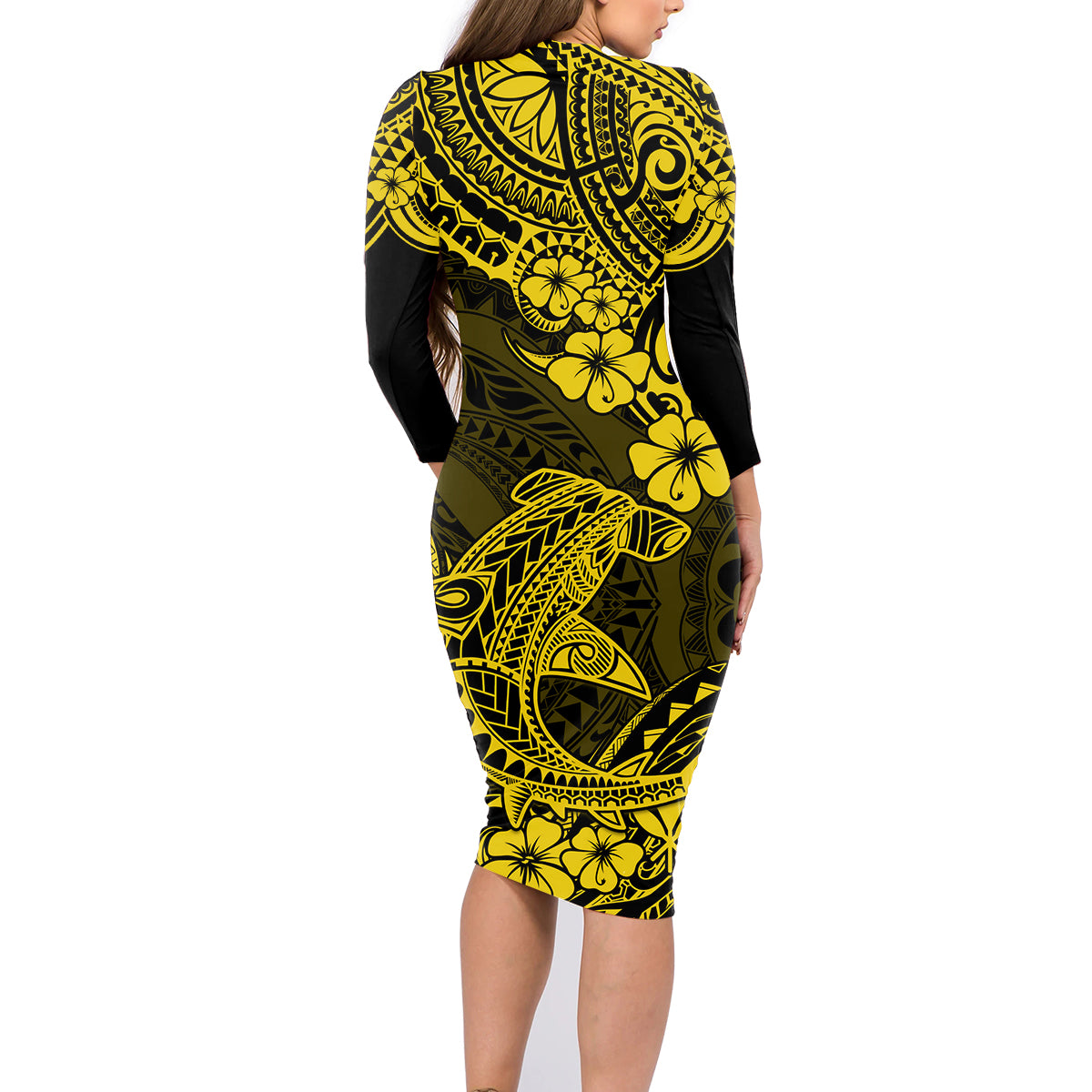 Hawaii Shark Family Matching Long Sleeve Bodycon Dress and Hawaiian Shirt Polynesian Pattern Yellow Version - Wonder Print Shop