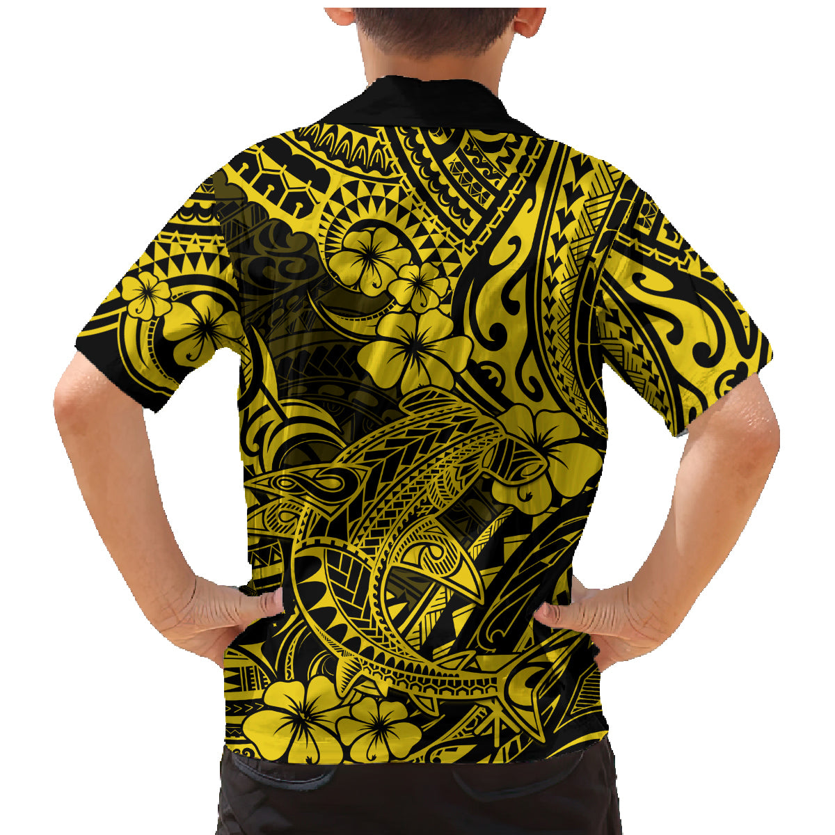 Hawaii Shark Family Matching Mermaid Dress and Hawaiian Shirt Polynesian Pattern Yellow Version - Wonder Print Shop