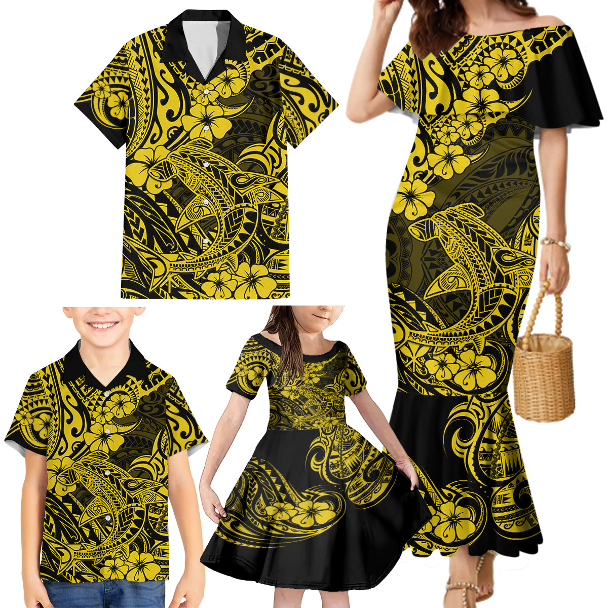Hawaii Shark Family Matching Mermaid Dress and Hawaiian Shirt Polynesian Pattern Yellow Version - Wonder Print Shop