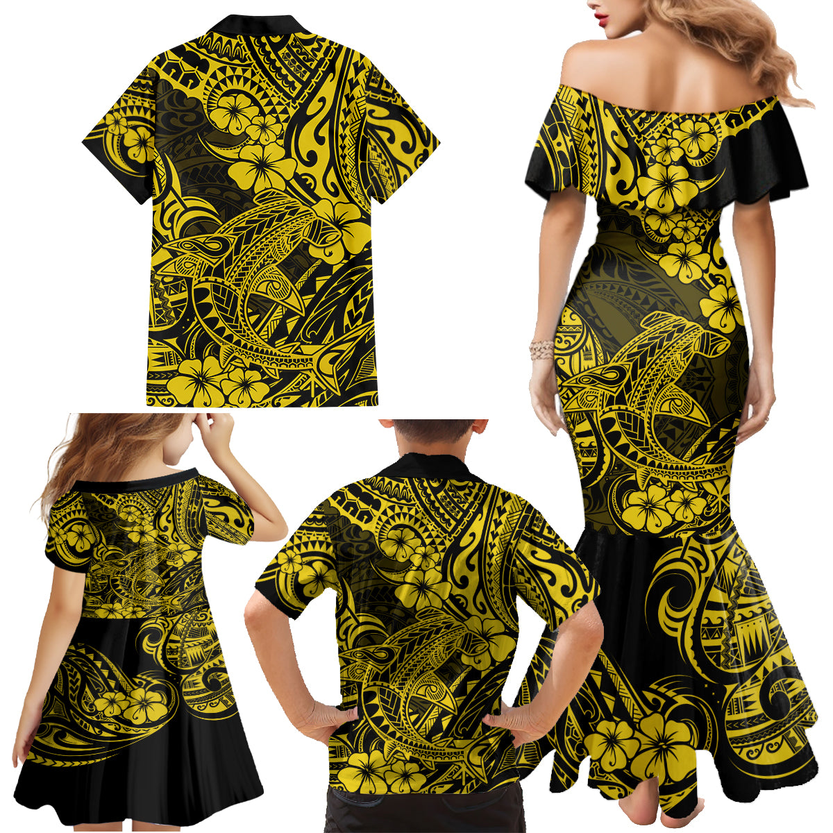 Hawaii Shark Family Matching Mermaid Dress and Hawaiian Shirt Polynesian Pattern Yellow Version - Wonder Print Shop