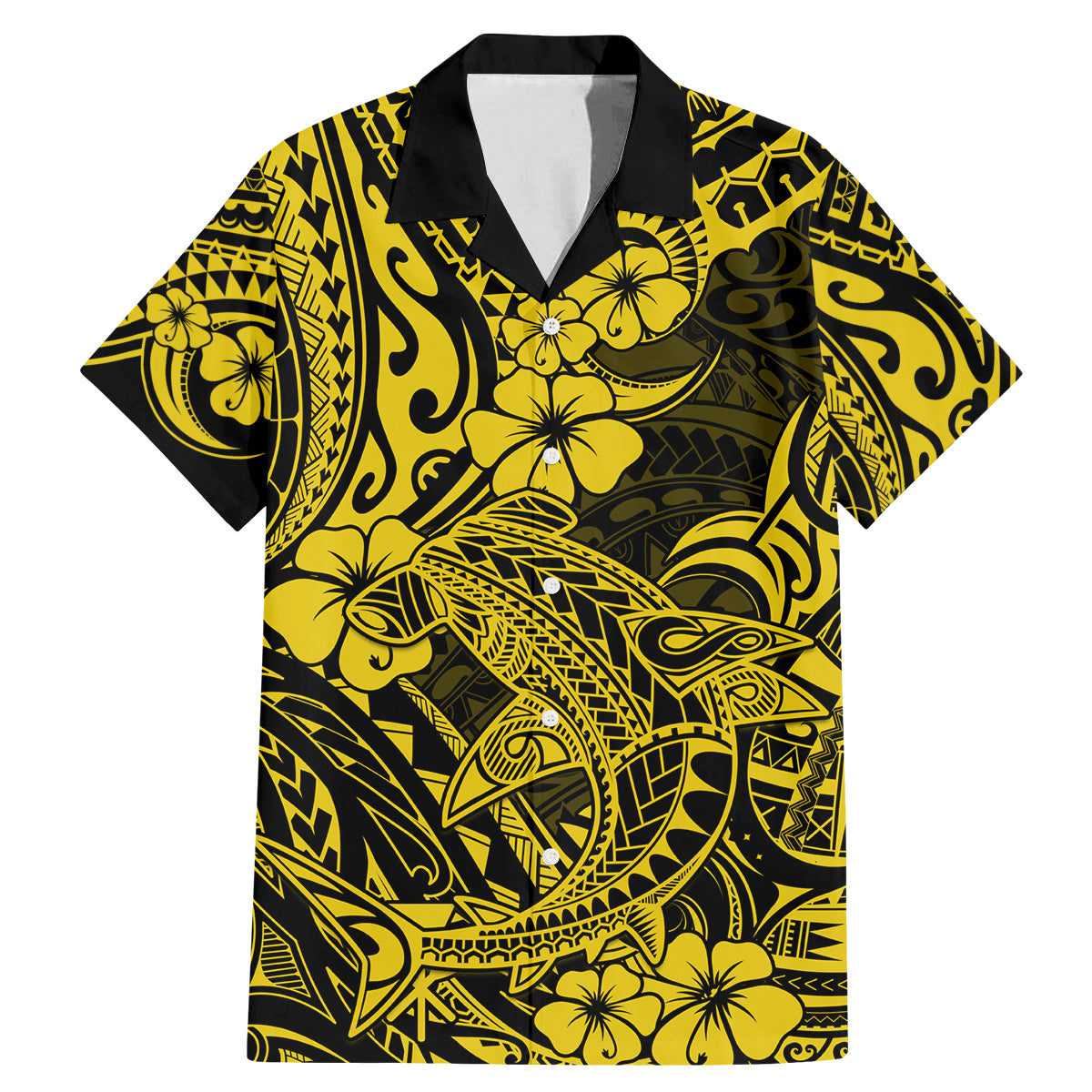 Hawaii Shark Family Matching Mermaid Dress and Hawaiian Shirt Polynesian Pattern Yellow Version - Wonder Print Shop