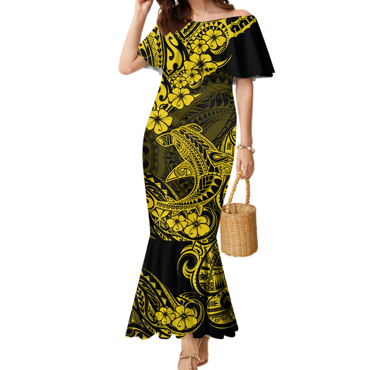 Hawaii Shark Family Matching Mermaid Dress and Hawaiian Shirt Polynesian Pattern Yellow Version - Wonder Print Shop