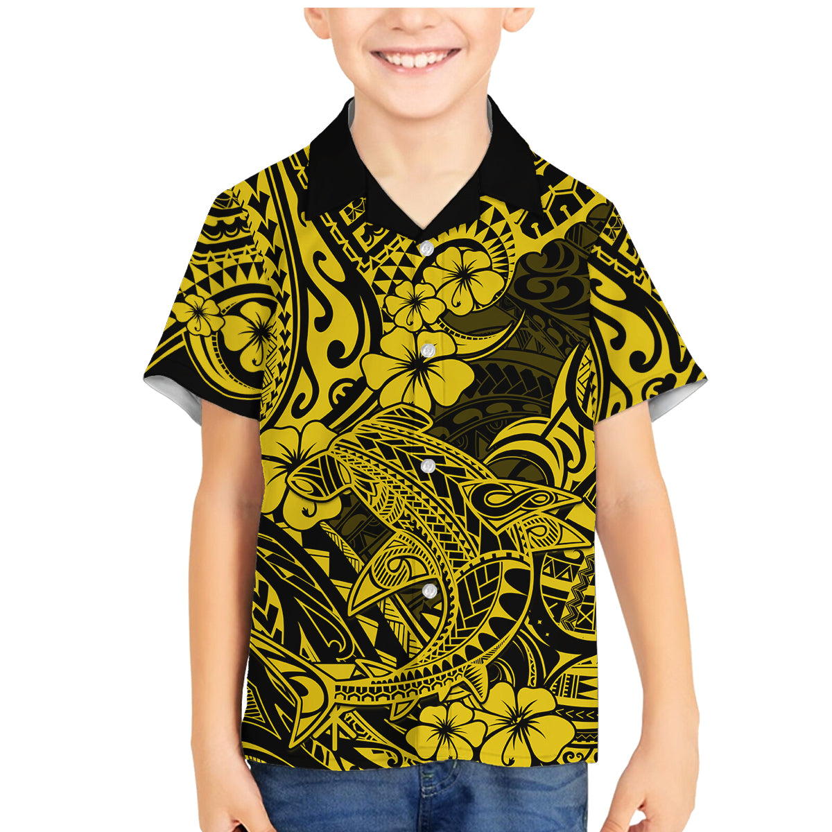 Hawaii Shark Family Matching Mermaid Dress and Hawaiian Shirt Polynesian Pattern Yellow Version - Wonder Print Shop