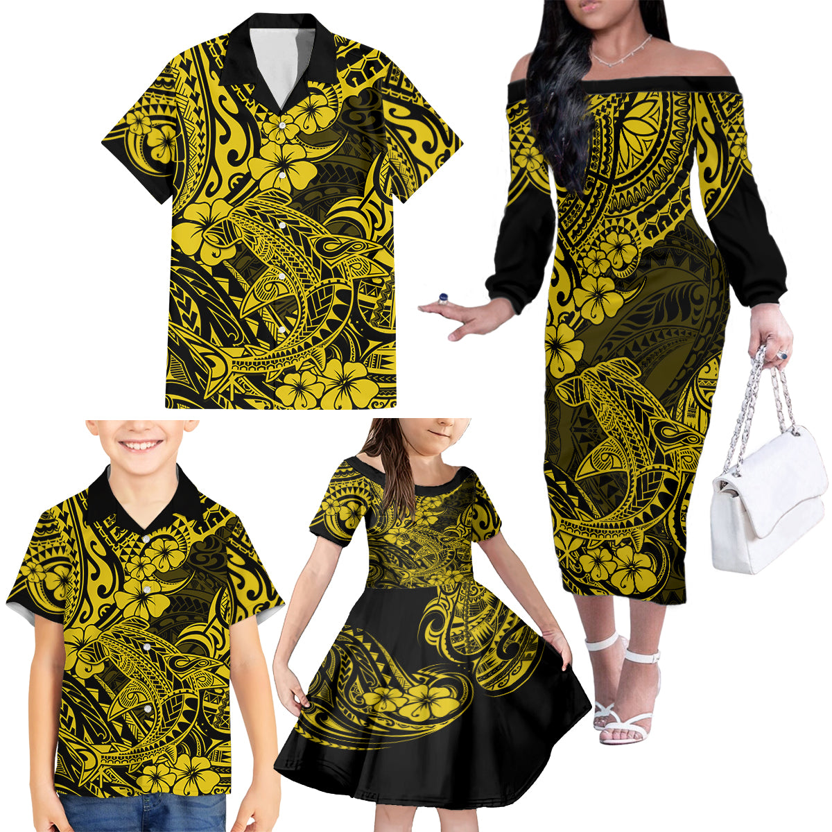 Hawaii Shark Family Matching Off Shoulder Long Sleeve Dress and Hawaiian Shirt Polynesian Pattern Yellow Version - Wonder Print Shop