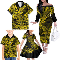 Hawaii Shark Family Matching Off Shoulder Long Sleeve Dress and Hawaiian Shirt Polynesian Pattern Yellow Version - Wonder Print Shop