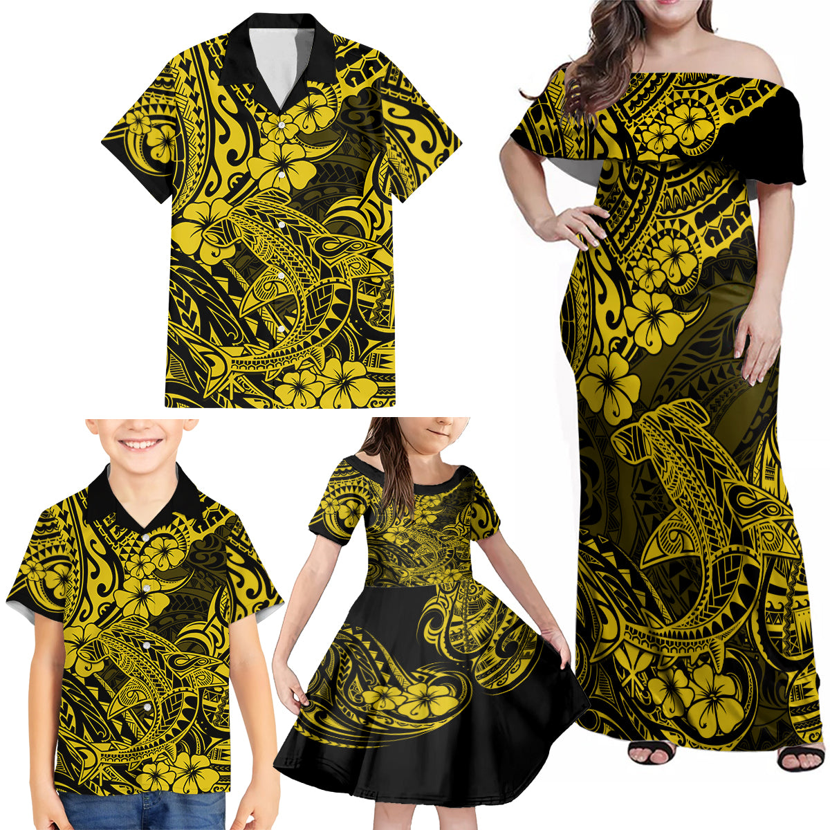 Hawaii Shark Family Matching Off Shoulder Maxi Dress and Hawaiian Shirt Polynesian Pattern Yellow Version - Wonder Print Shop
