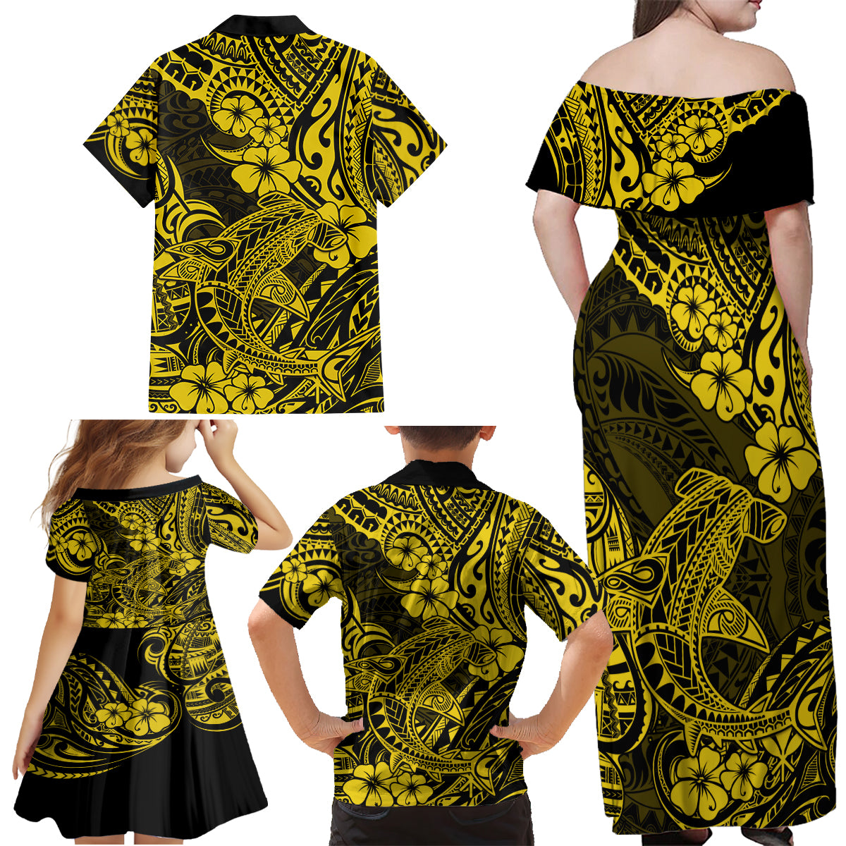 Hawaii Shark Family Matching Off Shoulder Maxi Dress and Hawaiian Shirt Polynesian Pattern Yellow Version - Wonder Print Shop