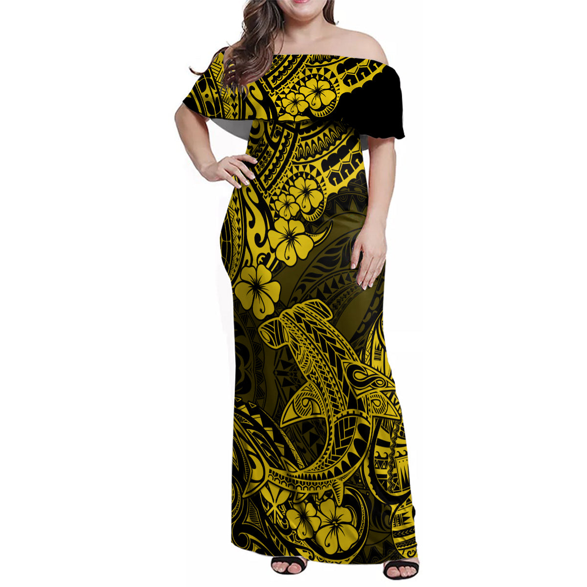 Hawaii Shark Family Matching Off Shoulder Maxi Dress and Hawaiian Shirt Polynesian Pattern Yellow Version - Wonder Print Shop