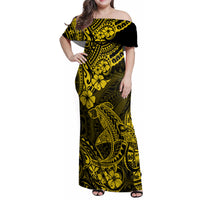 Hawaii Shark Family Matching Off Shoulder Maxi Dress and Hawaiian Shirt Polynesian Pattern Yellow Version - Wonder Print Shop