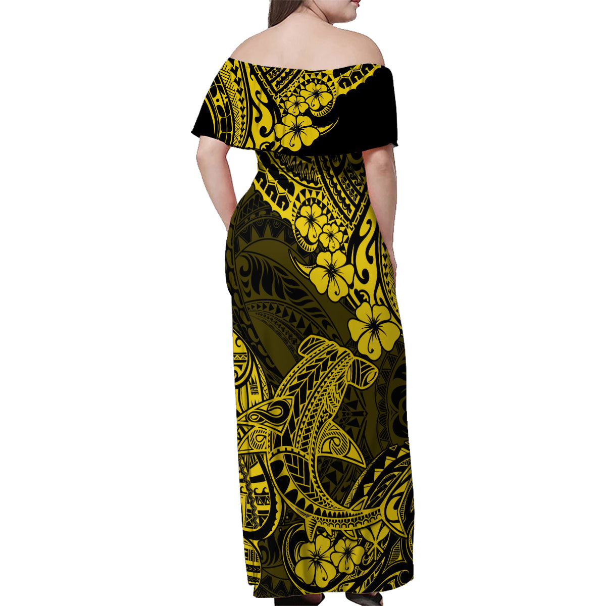 Hawaii Shark Family Matching Off Shoulder Maxi Dress and Hawaiian Shirt Polynesian Pattern Yellow Version - Wonder Print Shop