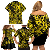 Hawaii Shark Family Matching Off Shoulder Short Dress and Hawaiian Shirt Polynesian Pattern Yellow Version - Wonder Print Shop