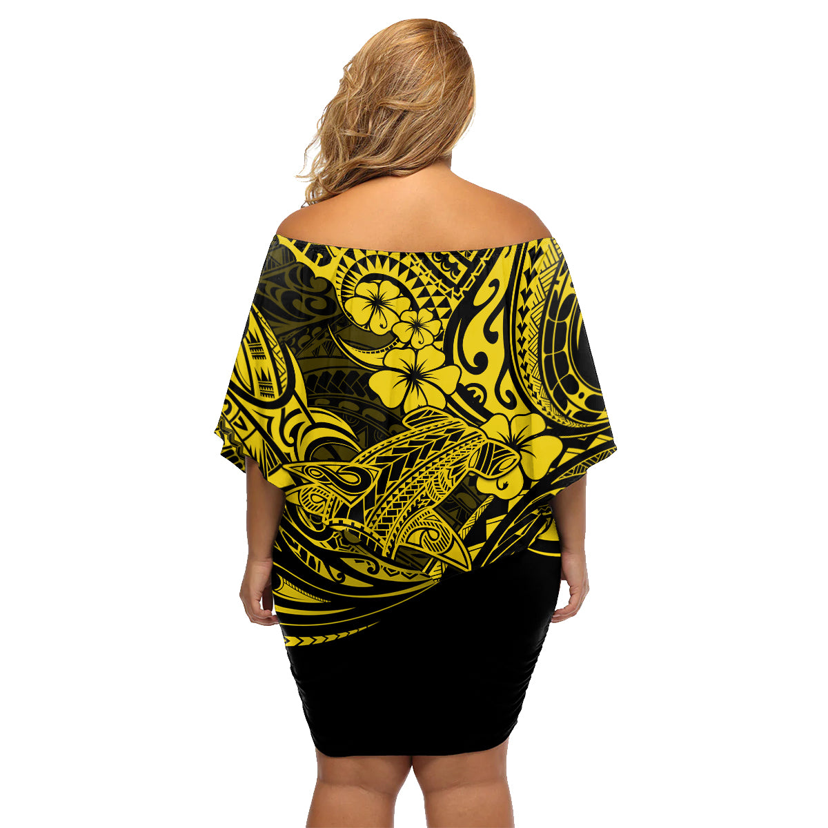 Hawaii Shark Family Matching Off Shoulder Short Dress and Hawaiian Shirt Polynesian Pattern Yellow Version - Wonder Print Shop