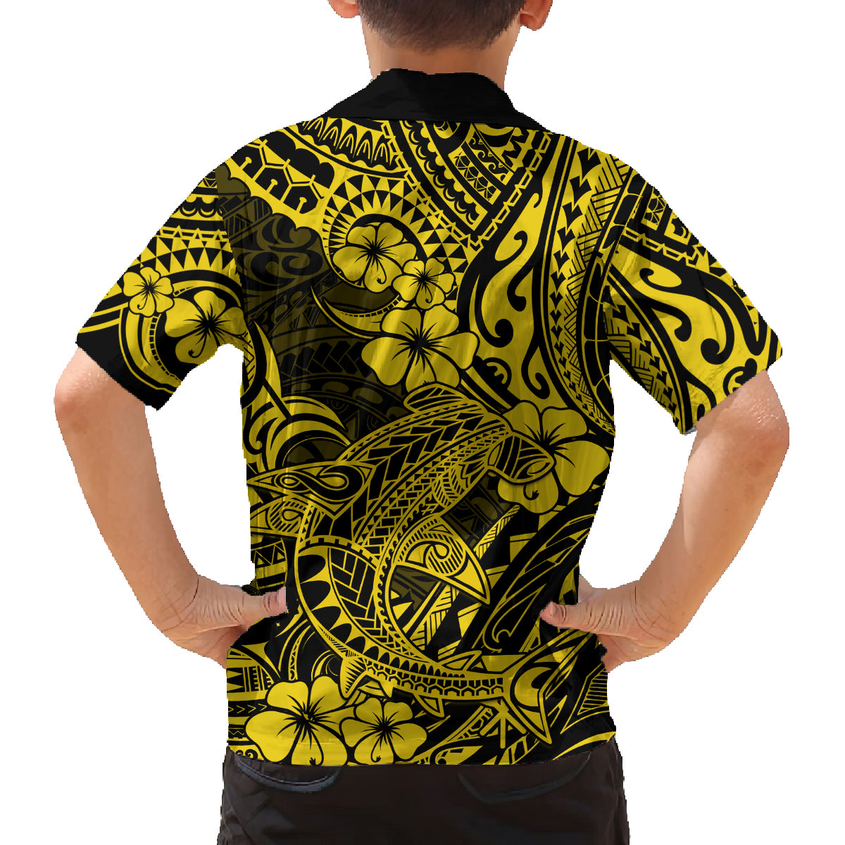 Hawaii Shark Family Matching Puletasi Dress and Hawaiian Shirt Polynesian Pattern Yellow Version - Wonder Print Shop