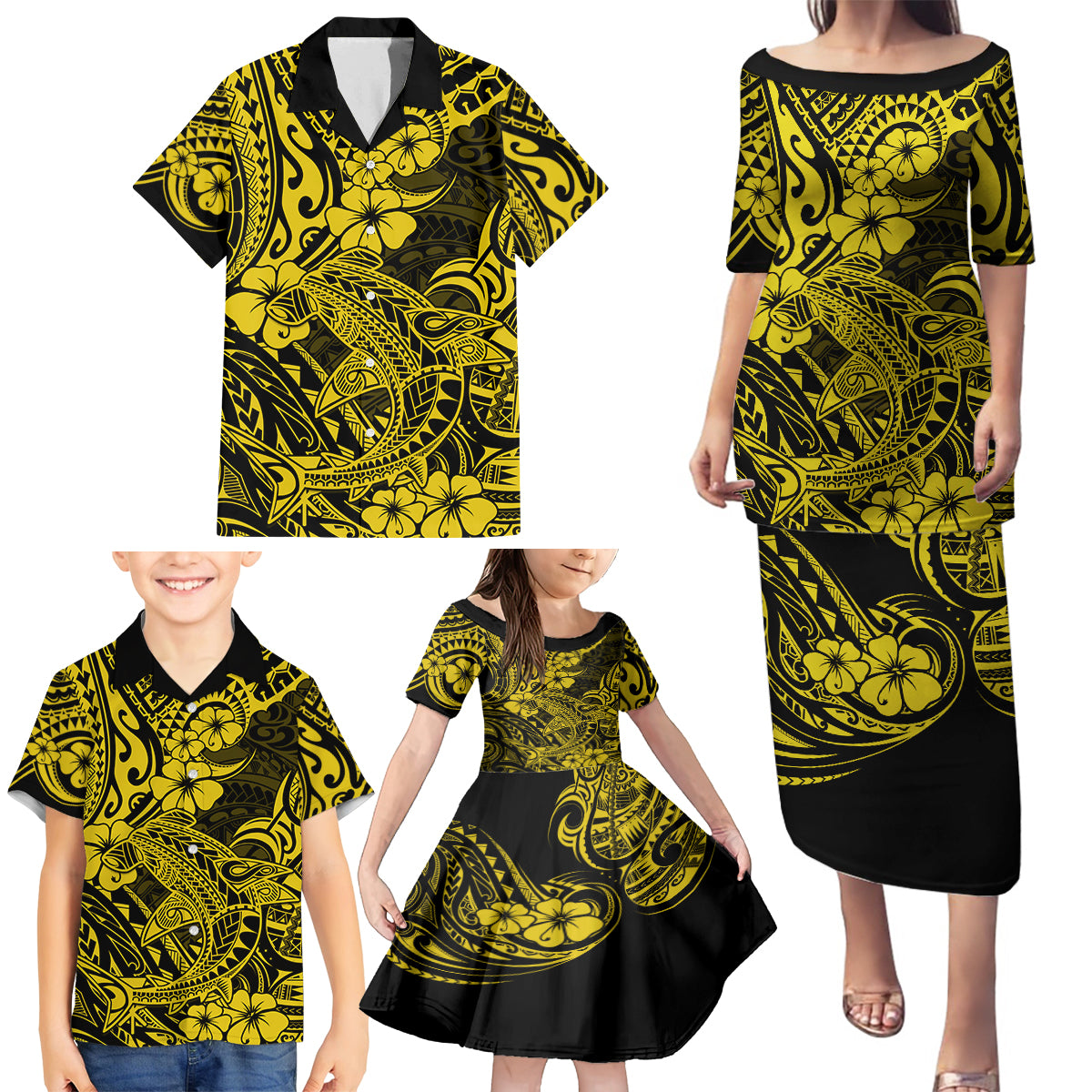 Hawaii Shark Family Matching Puletasi Dress and Hawaiian Shirt Polynesian Pattern Yellow Version - Wonder Print Shop