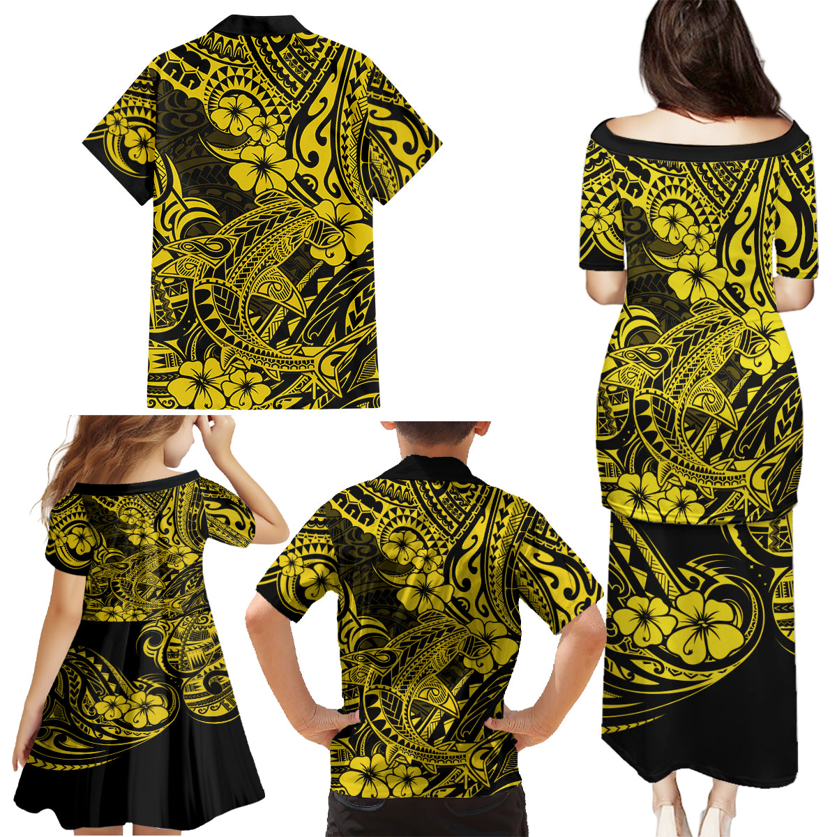 Hawaii Shark Family Matching Puletasi Dress and Hawaiian Shirt Polynesian Pattern Yellow Version - Wonder Print Shop