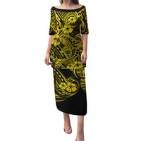 Hawaii Shark Family Matching Puletasi Dress and Hawaiian Shirt Polynesian Pattern Yellow Version - Wonder Print Shop