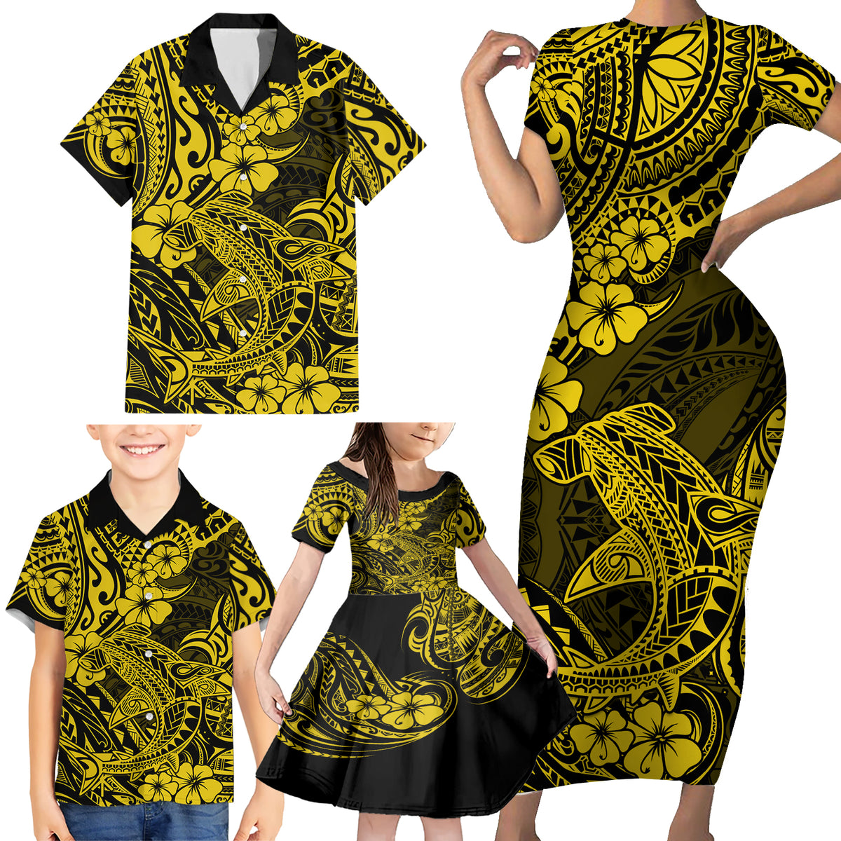 Hawaii Shark Family Matching Short Sleeve Bodycon Dress and Hawaiian Shirt Polynesian Pattern Yellow Version - Wonder Print Shop