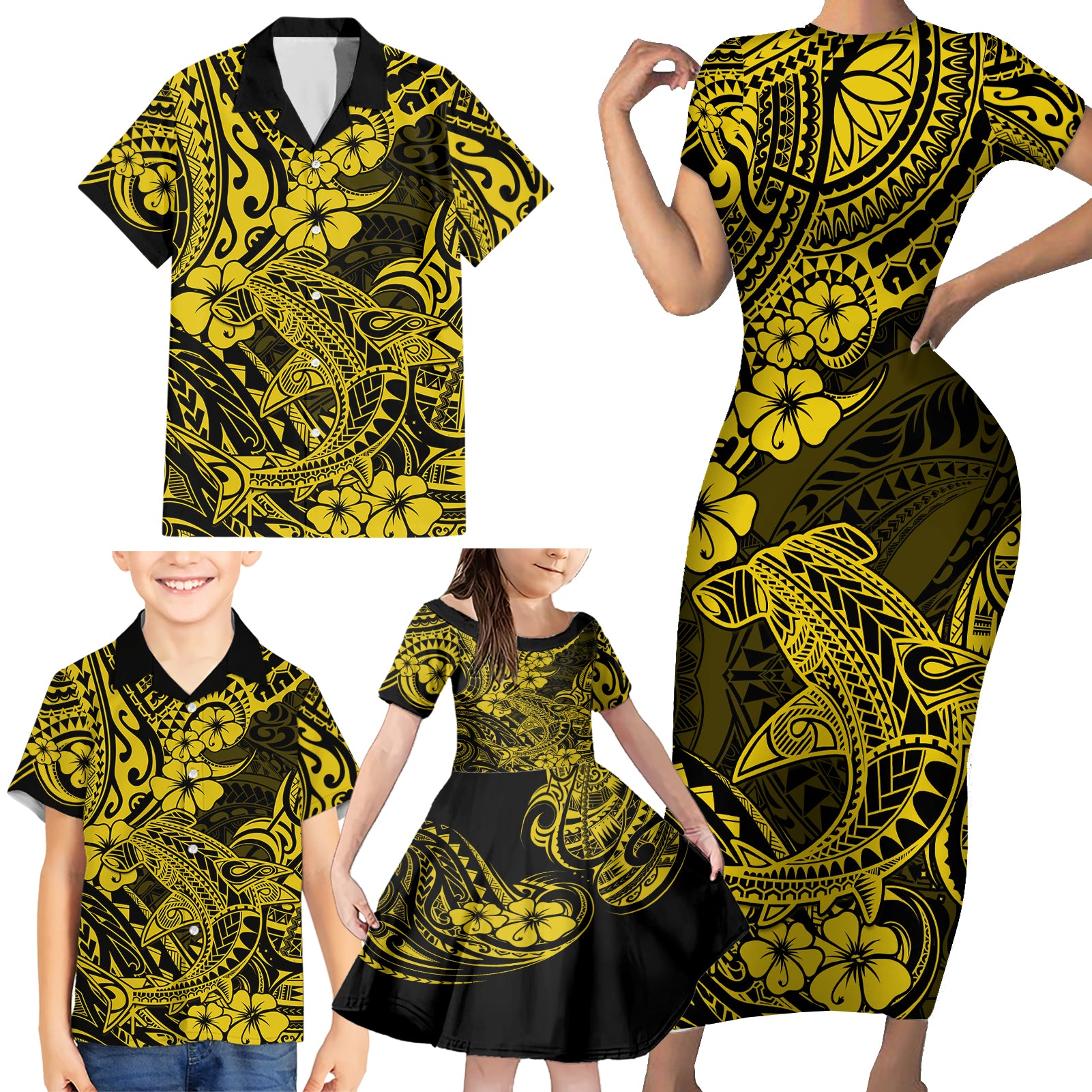 Hawaii Shark Family Matching Short Sleeve Bodycon Dress and Hawaiian Shirt Polynesian Pattern Yellow Version - Wonder Print Shop