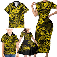 Hawaii Shark Family Matching Short Sleeve Bodycon Dress and Hawaiian Shirt Polynesian Pattern Yellow Version - Wonder Print Shop