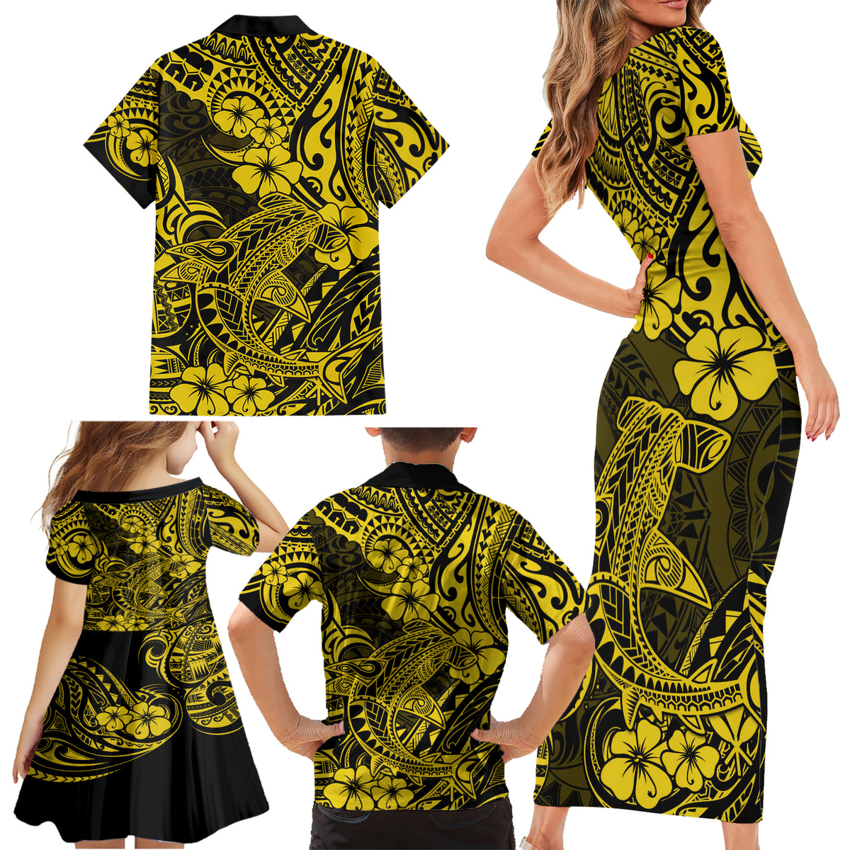 Hawaii Shark Family Matching Short Sleeve Bodycon Dress and Hawaiian Shirt Polynesian Pattern Yellow Version - Wonder Print Shop