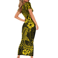 Hawaii Shark Family Matching Short Sleeve Bodycon Dress and Hawaiian Shirt Polynesian Pattern Yellow Version - Wonder Print Shop