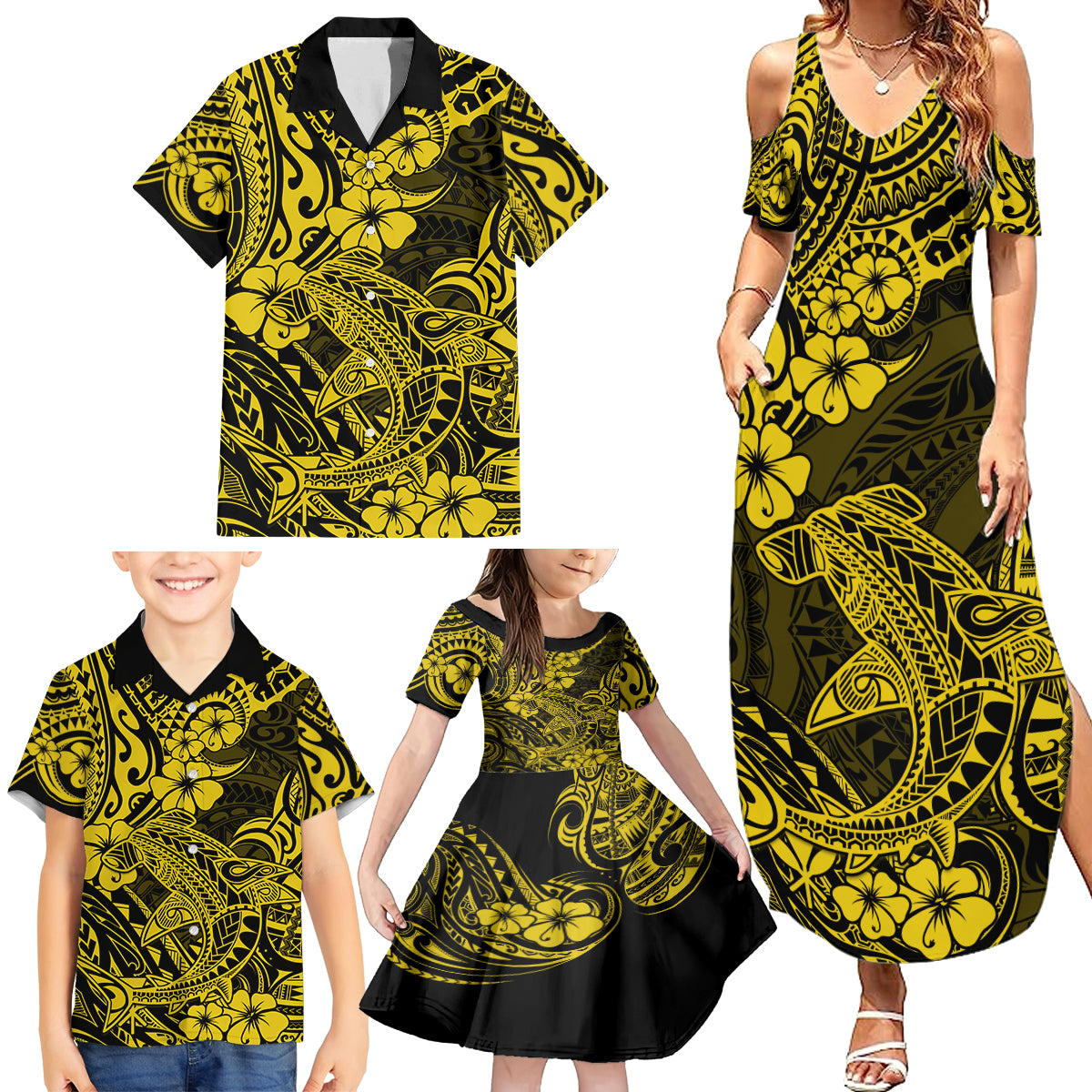 Hawaii Shark Family Matching Summer Maxi Dress and Hawaiian Shirt Polynesian Pattern Yellow Version - Wonder Print Shop