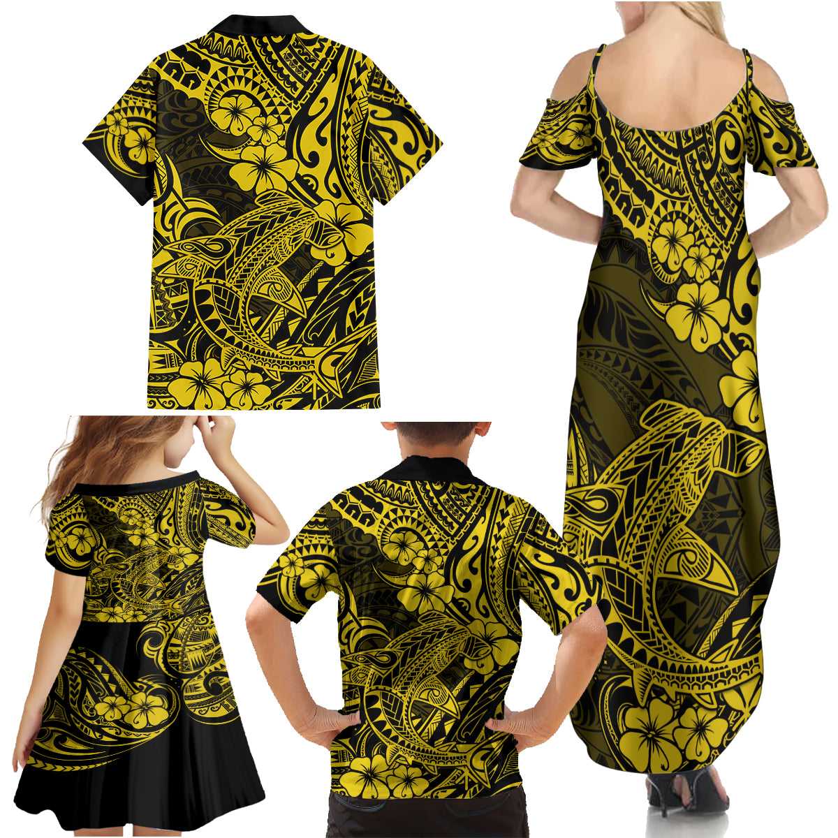 Hawaii Shark Family Matching Summer Maxi Dress and Hawaiian Shirt Polynesian Pattern Yellow Version - Wonder Print Shop