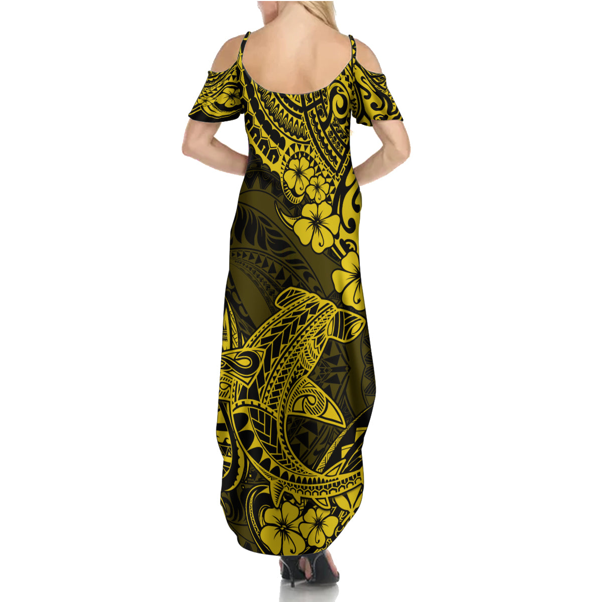Hawaii Shark Family Matching Summer Maxi Dress and Hawaiian Shirt Polynesian Pattern Yellow Version - Wonder Print Shop