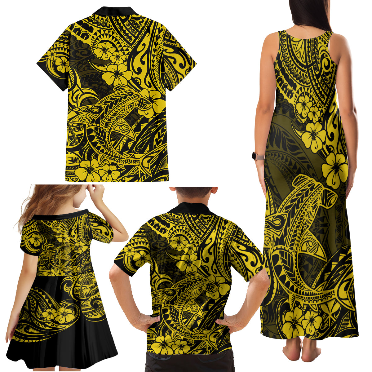 Hawaii Shark Family Matching Tank Maxi Dress and Hawaiian Shirt Polynesian Pattern Yellow Version - Wonder Print Shop