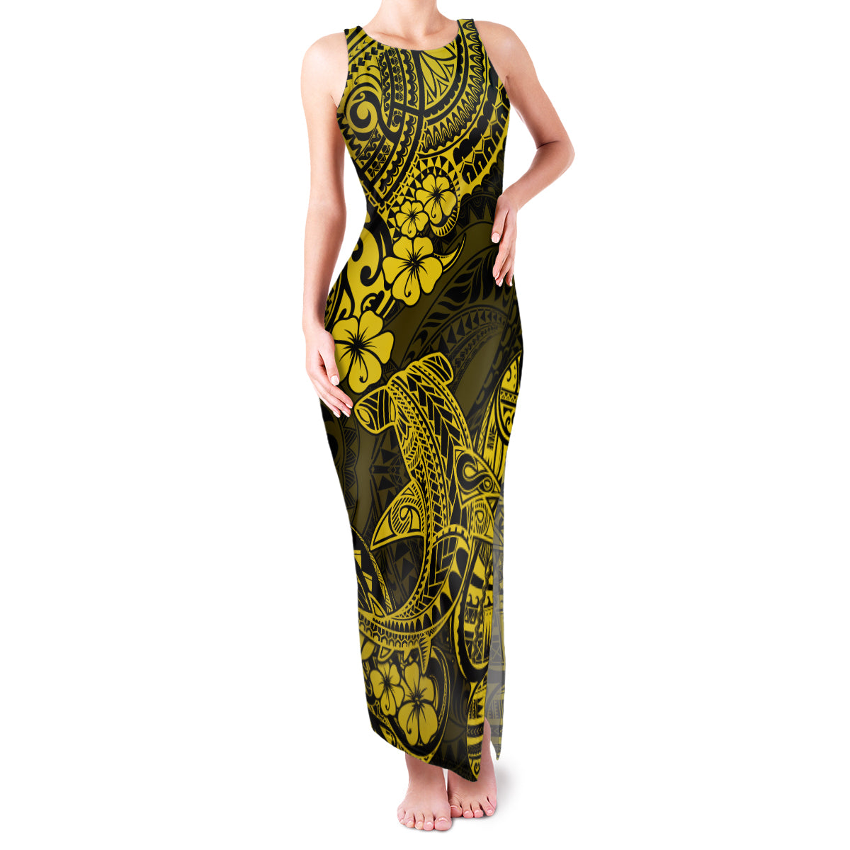 Hawaii Shark Family Matching Tank Maxi Dress and Hawaiian Shirt Polynesian Pattern Yellow Version - Wonder Print Shop