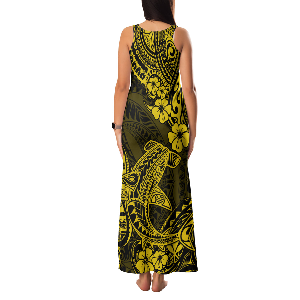 Hawaii Shark Family Matching Tank Maxi Dress and Hawaiian Shirt Polynesian Pattern Yellow Version - Wonder Print Shop