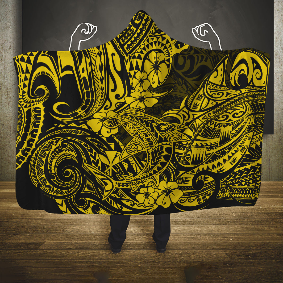 hawaii-shark-hooded-blanket-polynesian-pattern-yellow-version