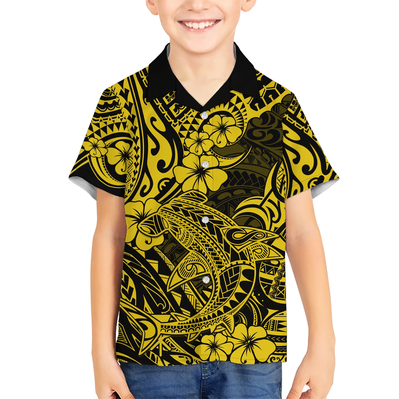 Hawaii Shark Kid Hawaiian Shirt Polynesian Pattern Yellow Version - Wonder Print Shop