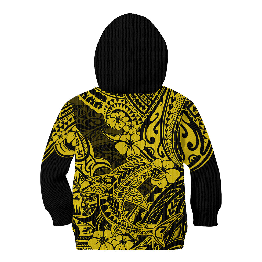 Hawaii Shark Kid Hoodie Polynesian Pattern Yellow Version - Wonder Print Shop